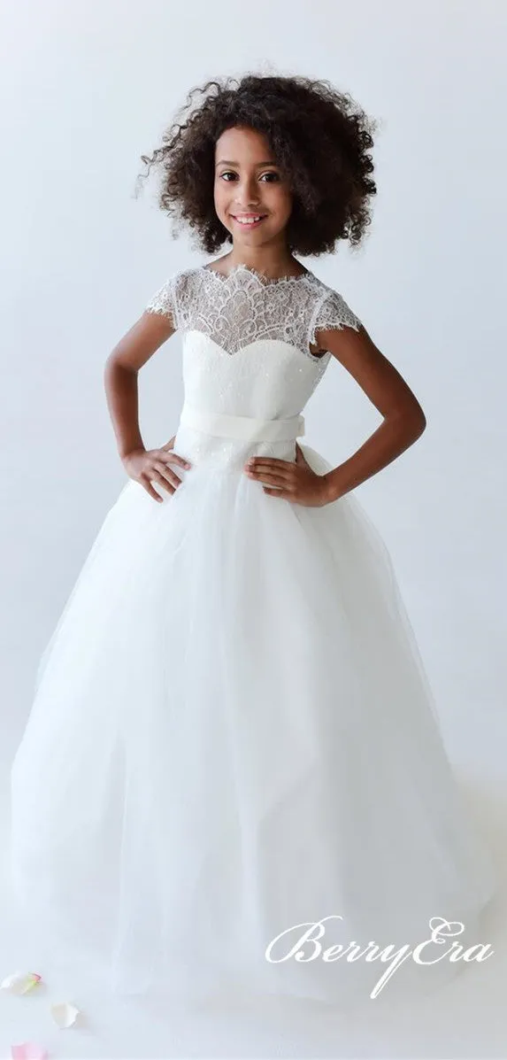 Cap Sleeves Lace Tulle Flower Girl Dresses, Ivory Flower Girl Dresses