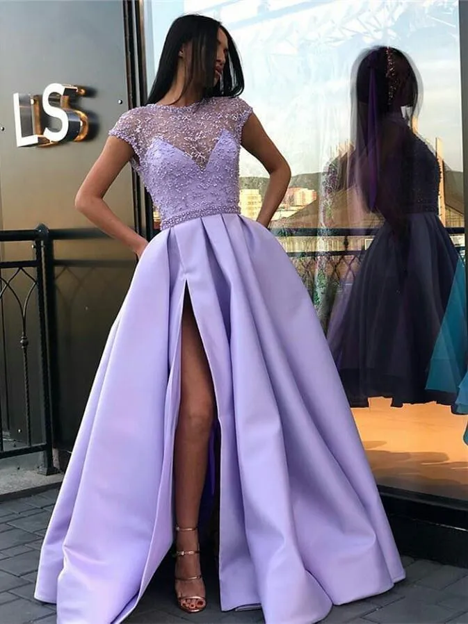 Cap Sleeves Long A-line Side Slit Beaded Satin Prom Dresses