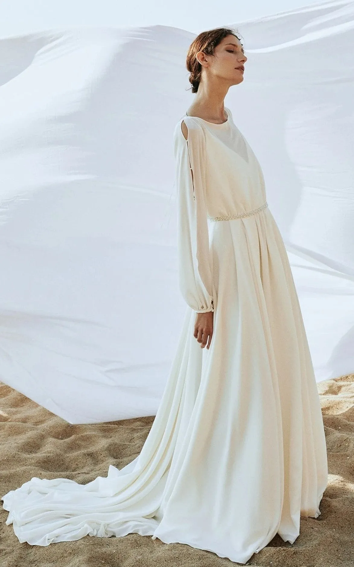 Casual A Line Bateau Neck Chiffon Wedding Dress with Train-716393