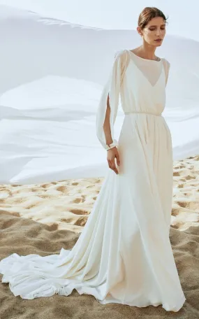 Casual A Line Bateau Neck Chiffon Wedding Dress with Train-716393