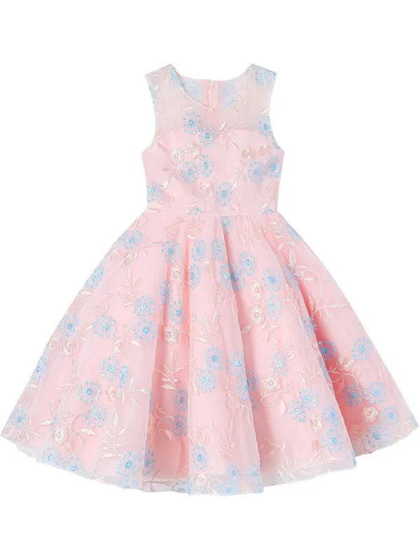 Champagne Floral Embroidered Flower Girl Dresses Short Sleeves Formal Little Pageant Dresses