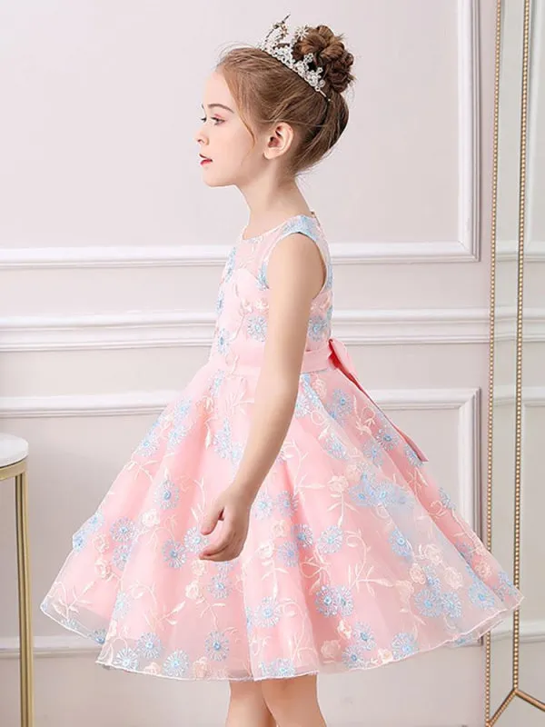 Champagne Floral Embroidered Flower Girl Dresses Short Sleeves Formal Little Pageant Dresses