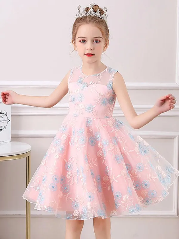 Champagne Floral Embroidered Flower Girl Dresses Short Sleeves Formal Little Pageant Dresses