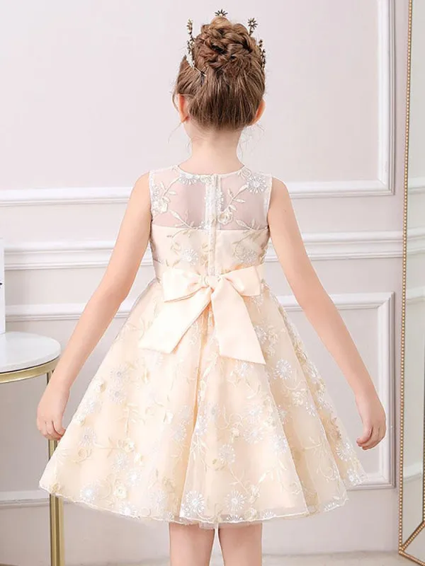 Champagne Floral Embroidered Flower Girl Dresses Short Sleeves Formal Little Pageant Dresses