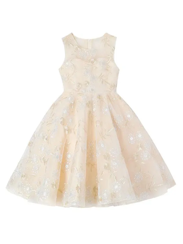 Champagne Floral Embroidered Flower Girl Dresses Short Sleeves Formal Little Pageant Dresses