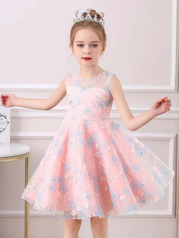 Champagne Kids Social Party Dresses Jewel Neck Sleeveless Flower Girl Dresses