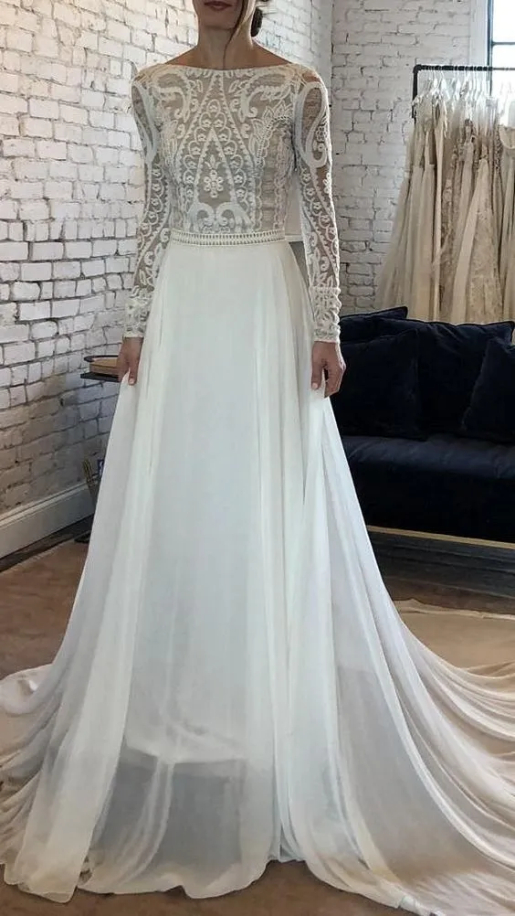 Chiffon A Line Ivory Wedding Dress Long Sleeve Backless Bridal Dress FR012