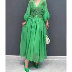 Chiffon green maxi dress with 3/4 sleeve