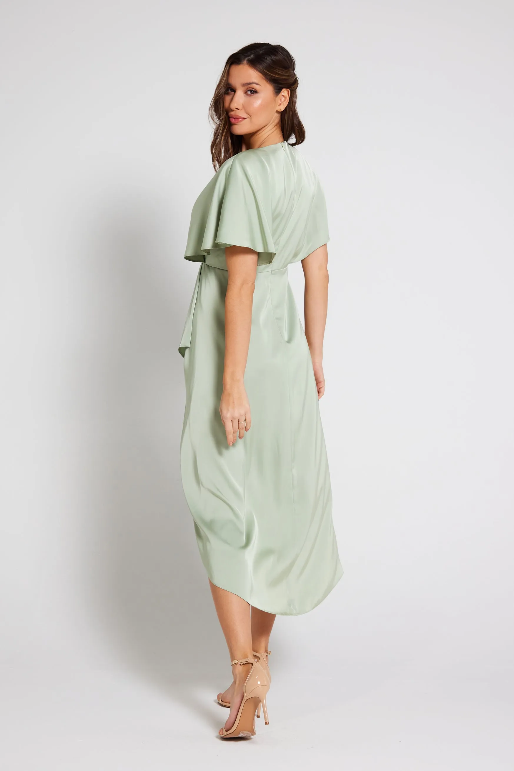 Clara Angel Sleeve Wrap Satin Midi Dress - Sage Green