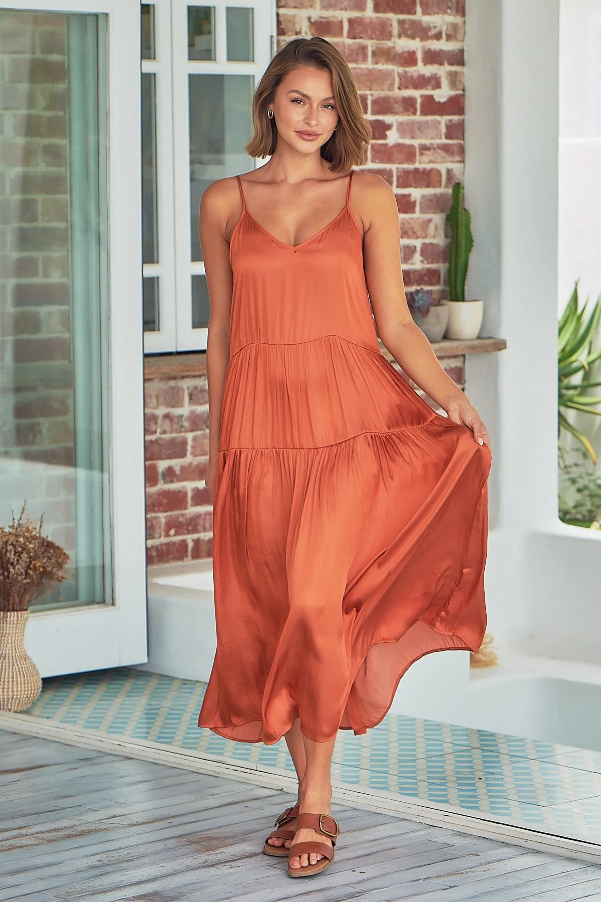 Collette Satin Tiered Orange Maxi Dress