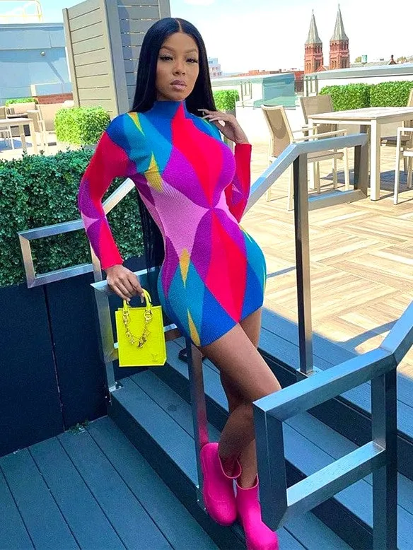 Color Block Long Sleeve Knitted Ribbed Bodycon Dress