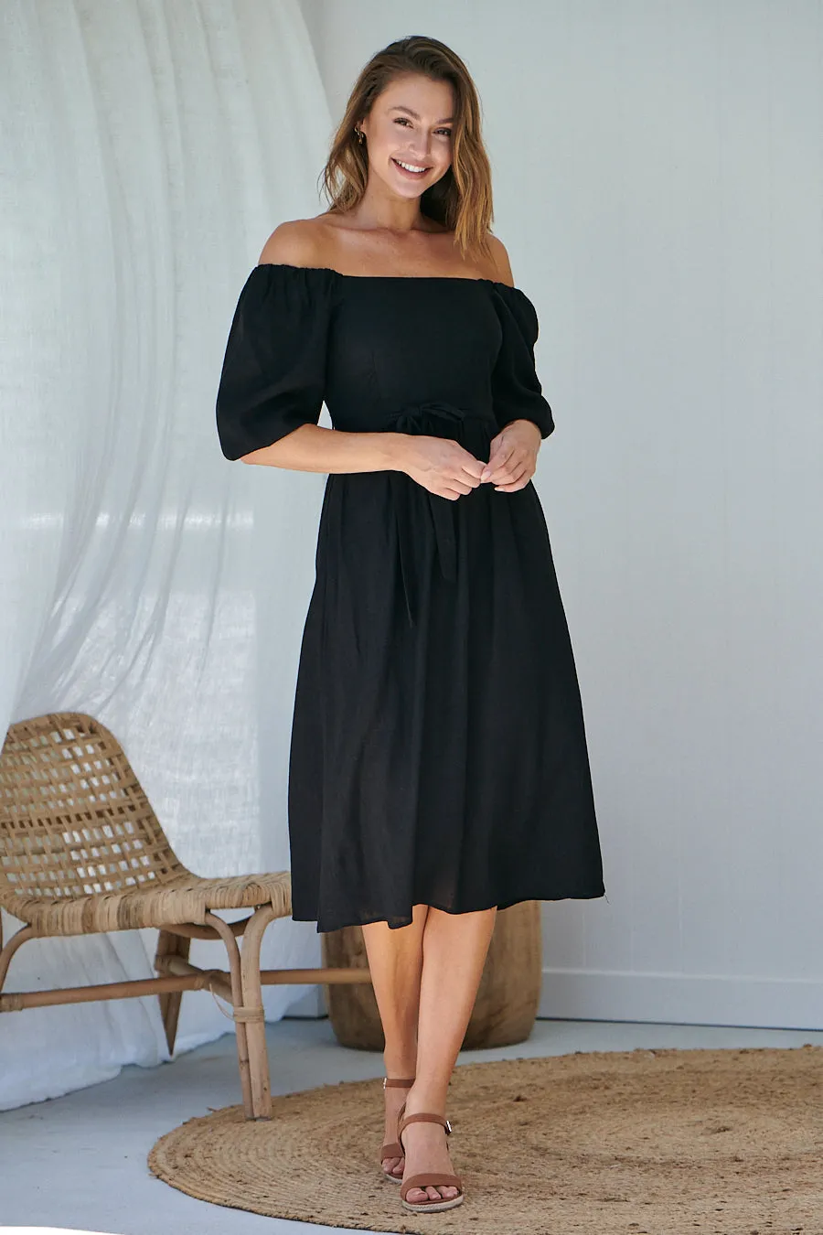 Cora Black Linen Tie Maxi Dress