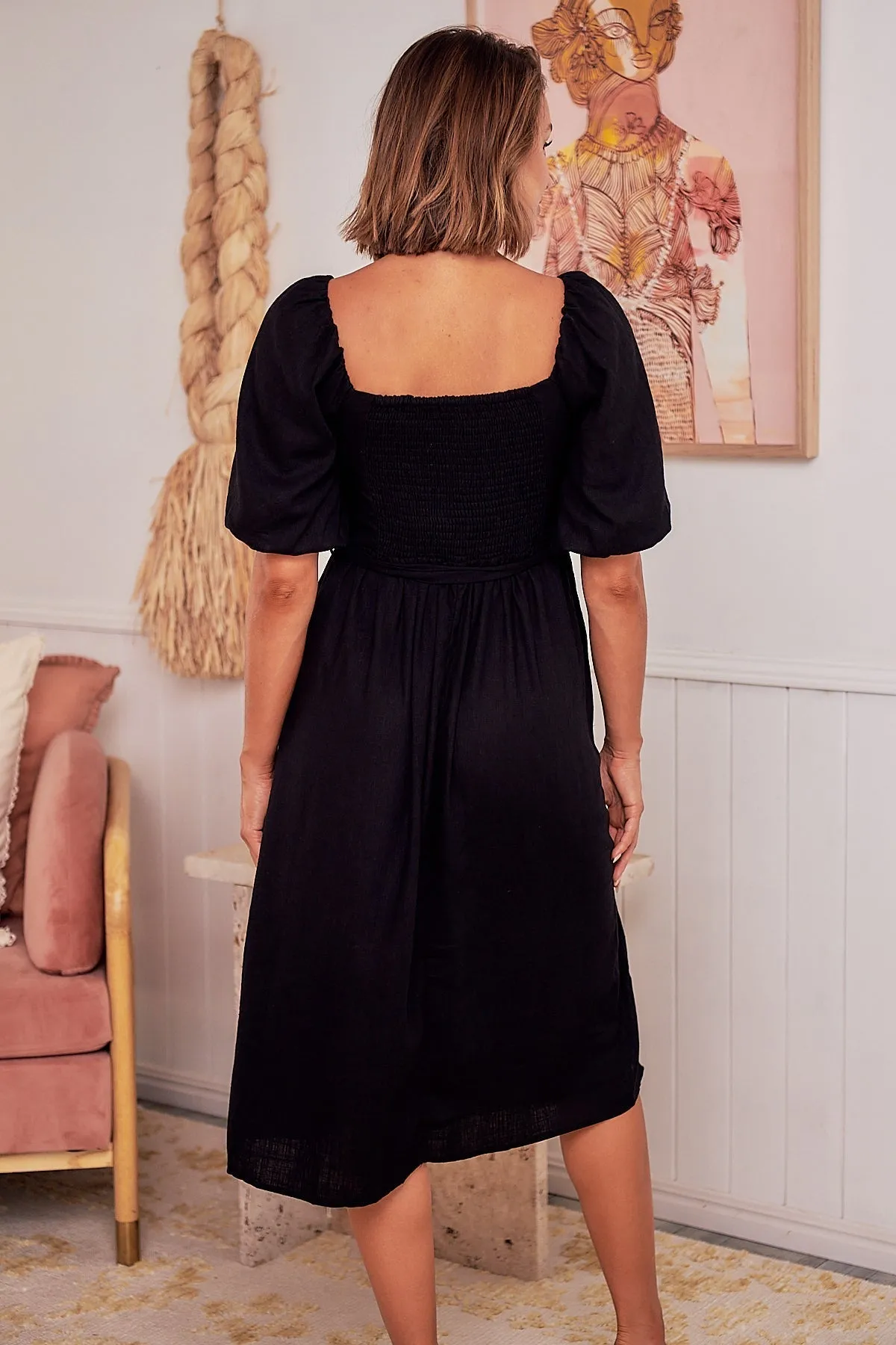 Cora Black Linen Tie Maxi Dress