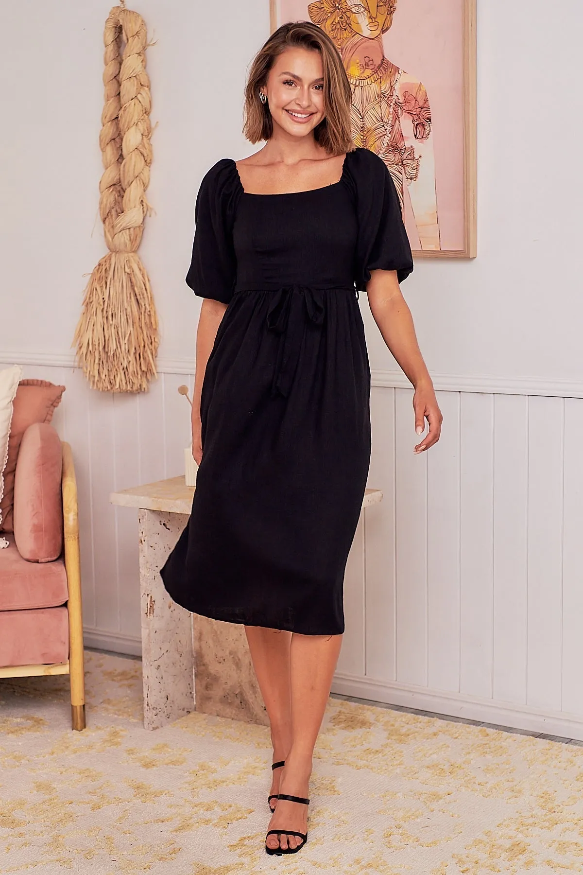 Cora Black Linen Tie Maxi Dress