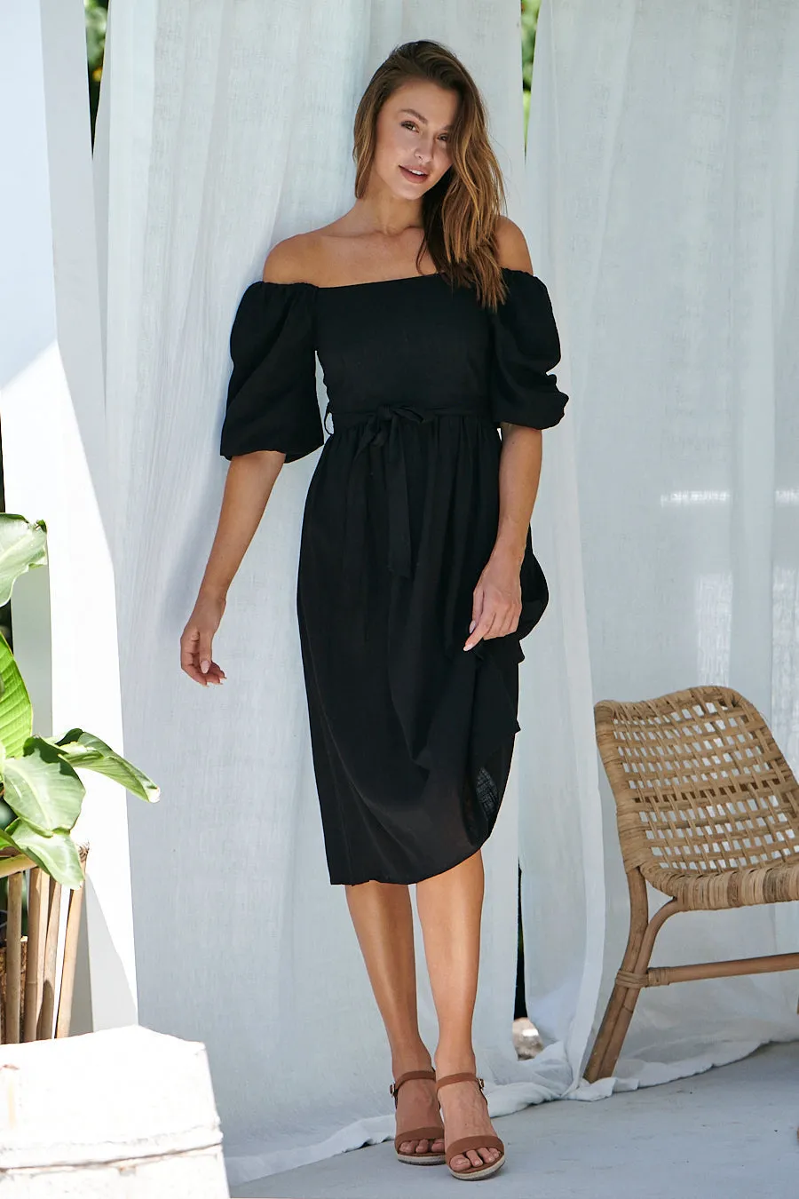 Cora Black Linen Tie Maxi Dress