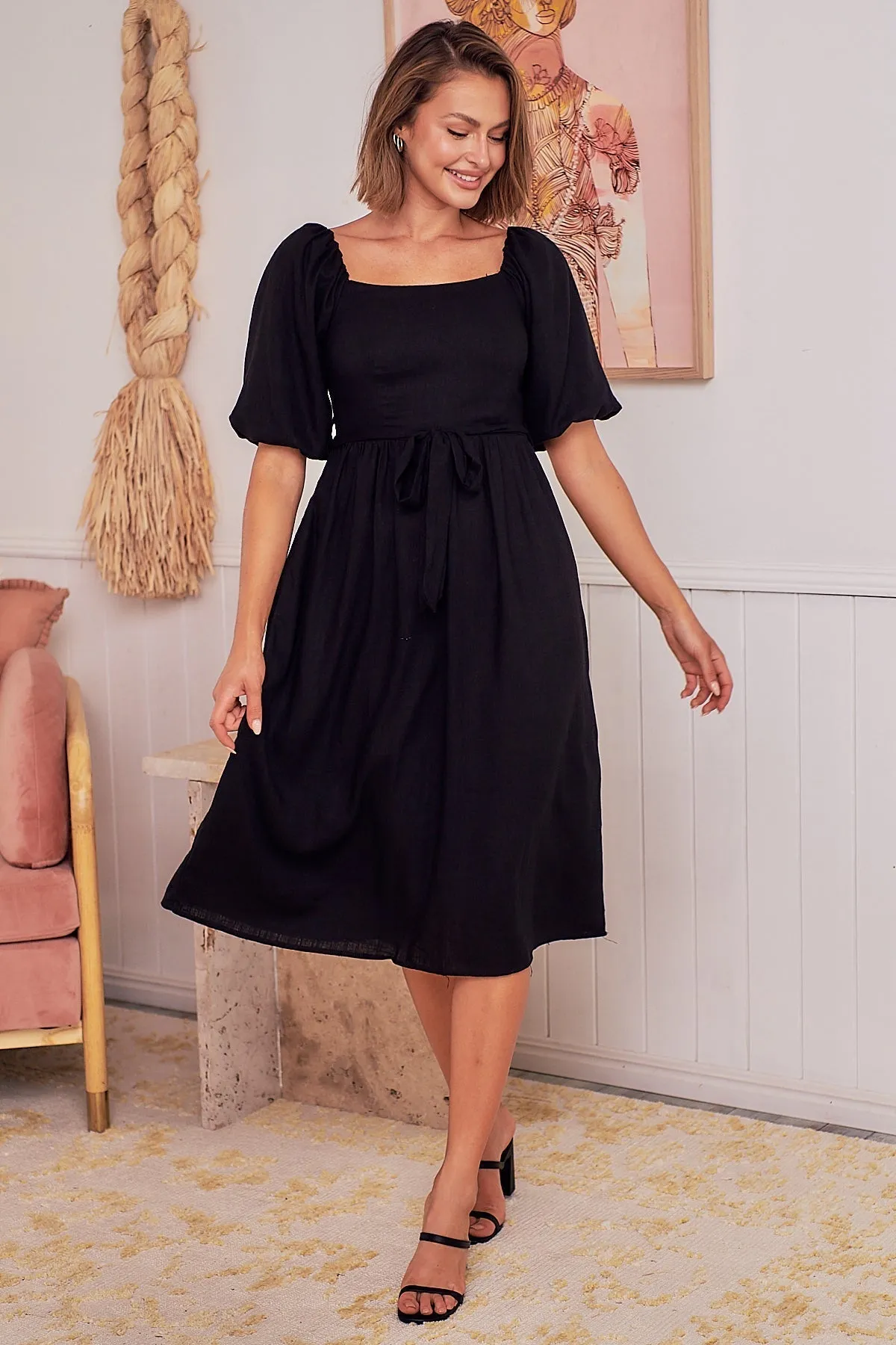 Cora Black Linen Tie Maxi Dress