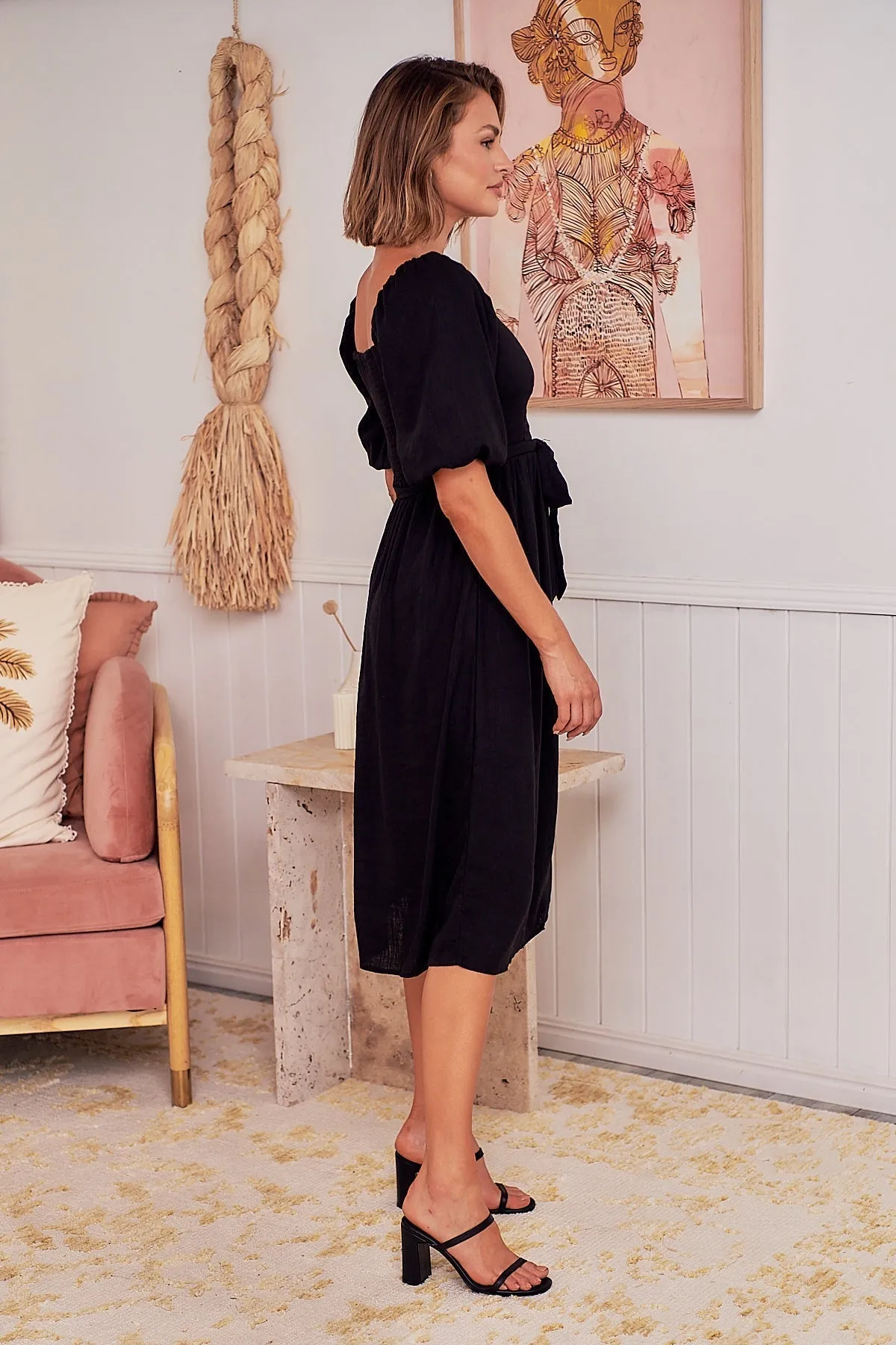 Cora Black Linen Tie Maxi Dress