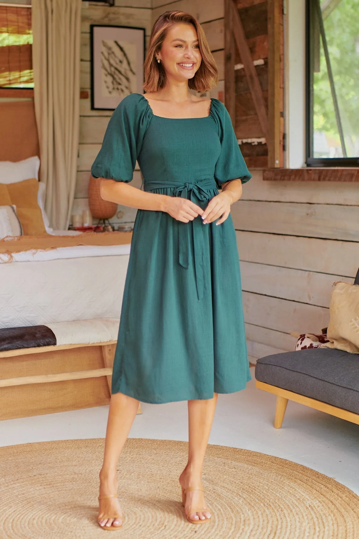 Cora Emerald Linen Tie Maxi Dress