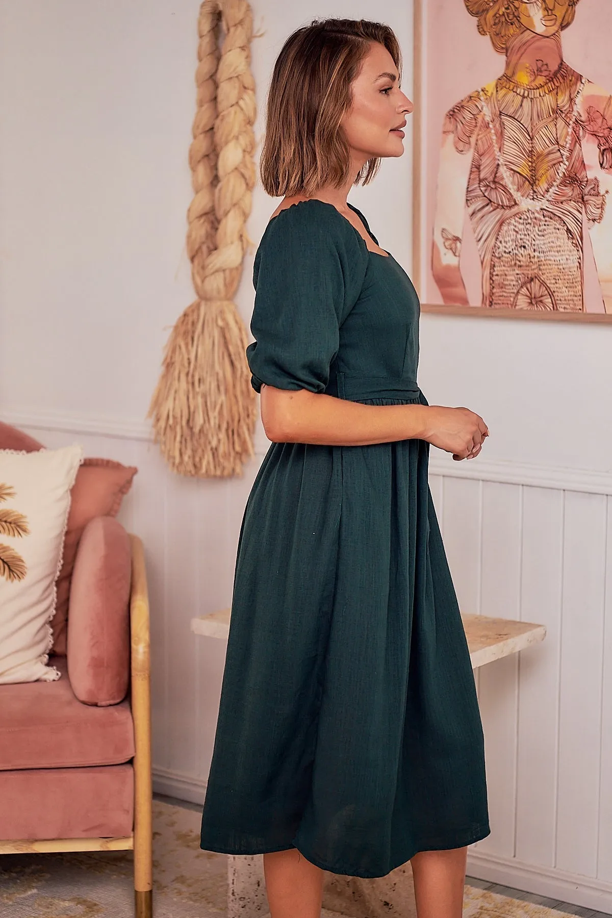 Cora Emerald Linen Tie Maxi Dress