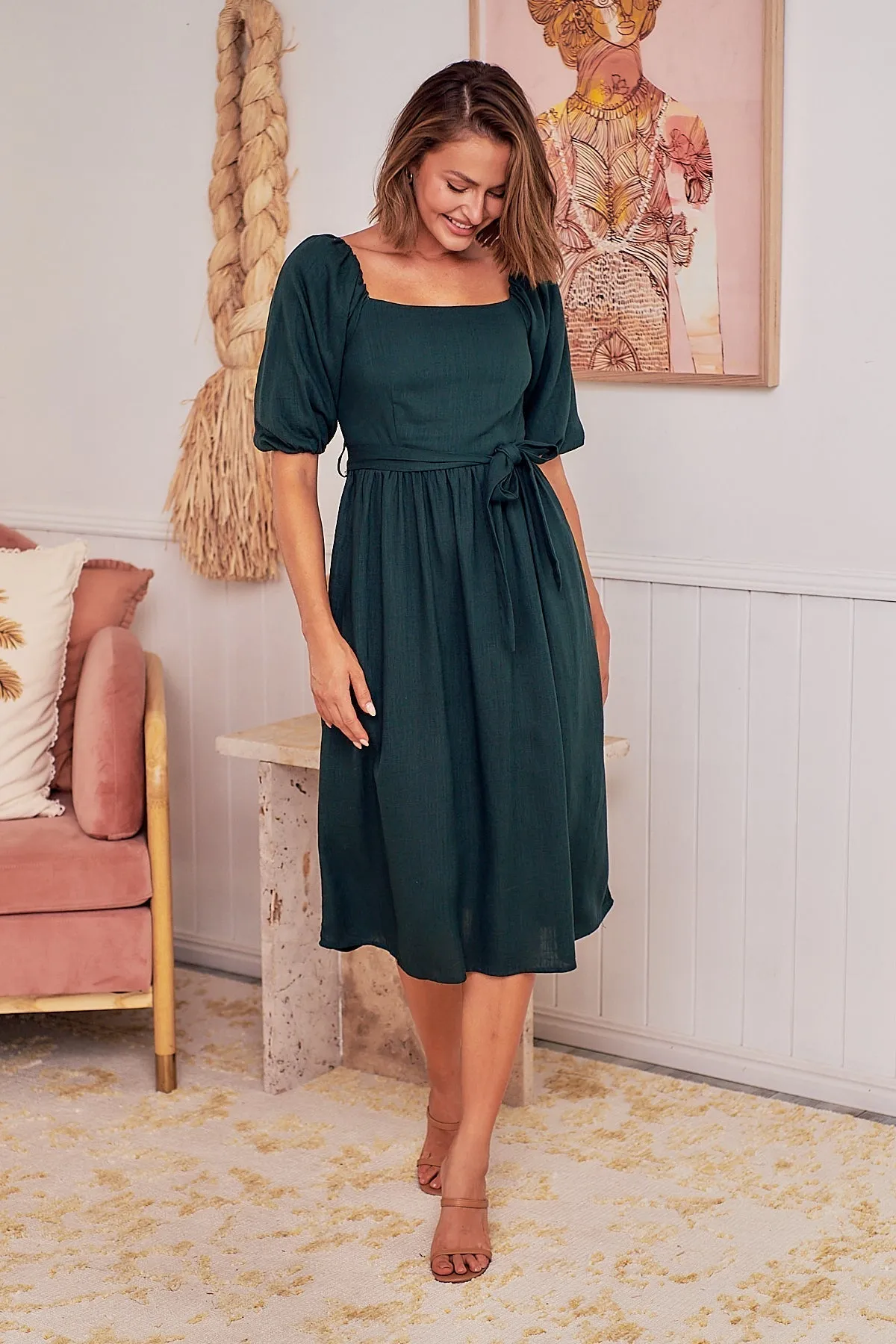 Cora Emerald Linen Tie Maxi Dress