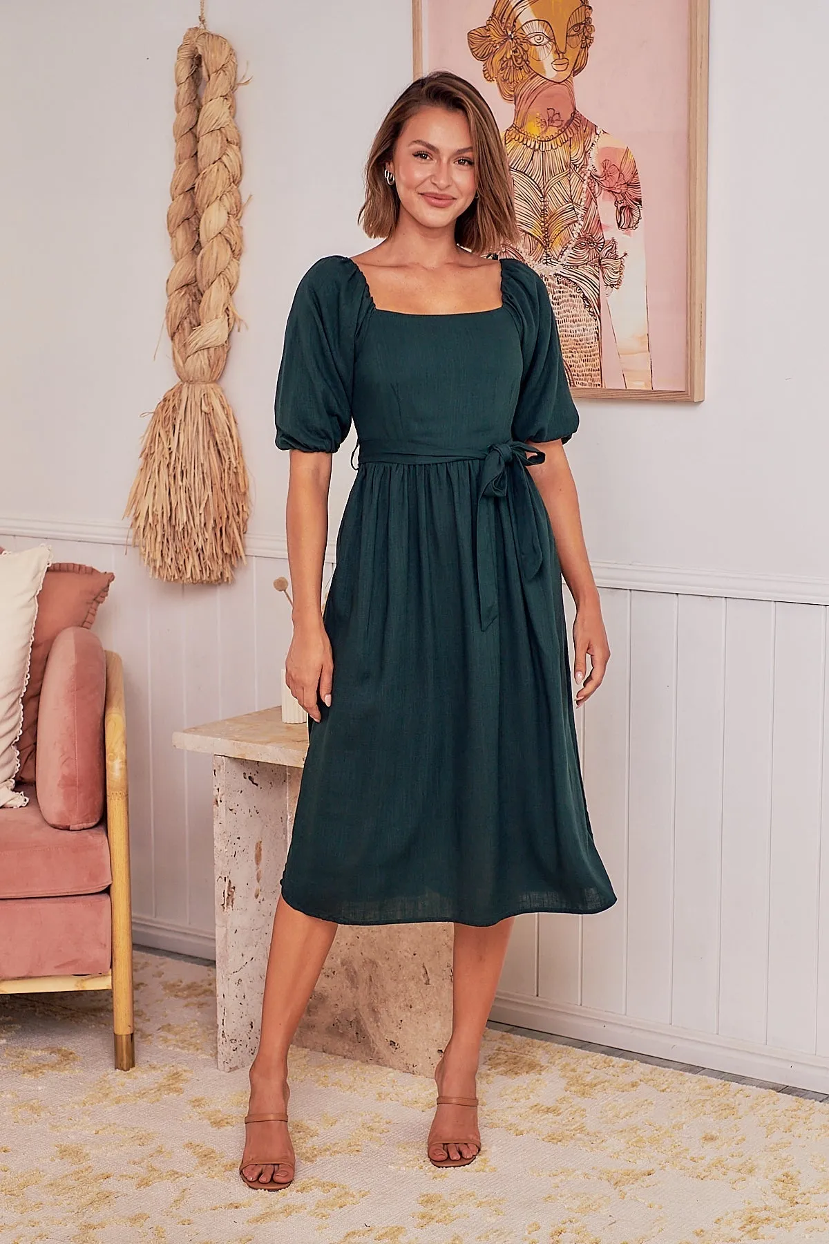 Cora Emerald Linen Tie Maxi Dress