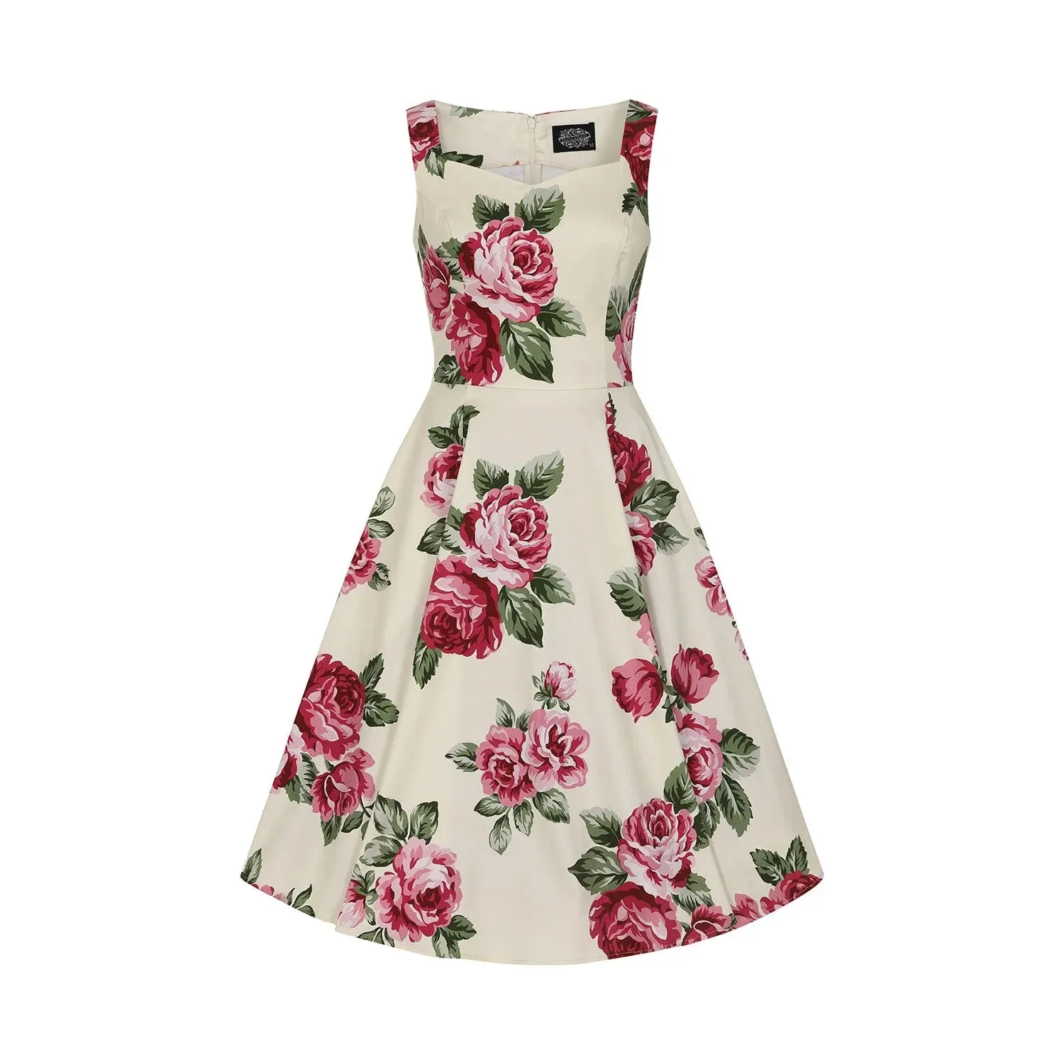 Cream Rose Floral Print Sleeveless Rockabilly 50s Swing Dress