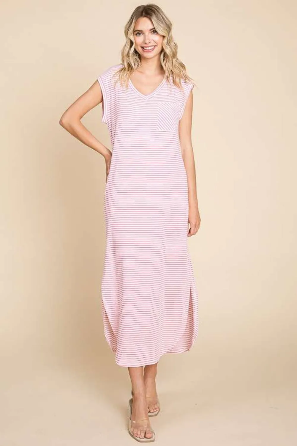 Culture Code Full Size Striped V-Neck Slit Dress with Pockets