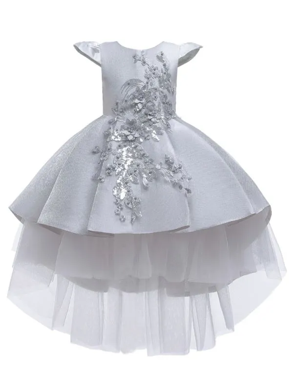 Cute Cap Puffy Sleeves Hi-Lo Flower Girl Dresses Bows Kids Party Dresses