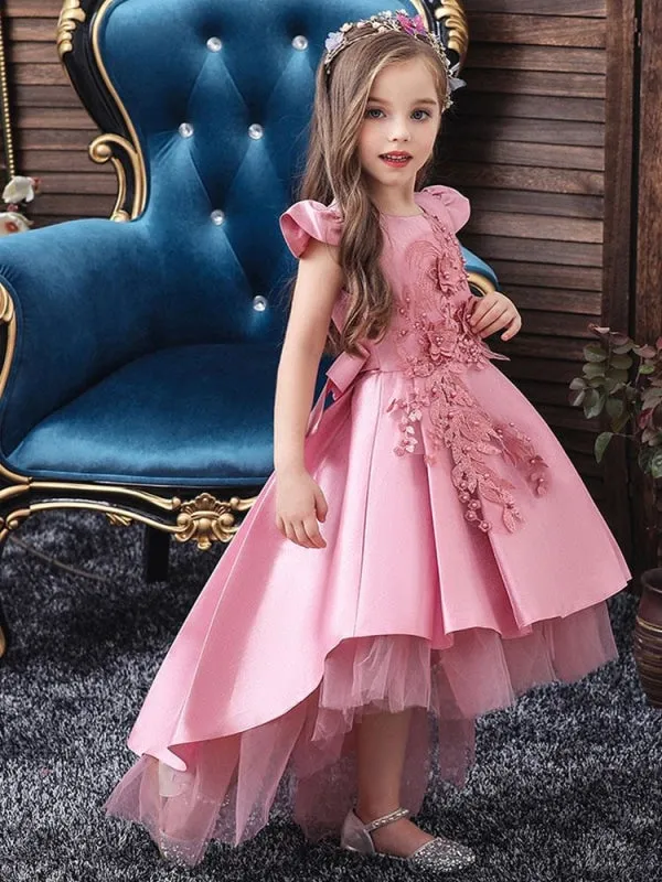 Cute Cap Puffy Sleeves Hi-Lo Flower Girl Dresses Bows Kids Party Dresses