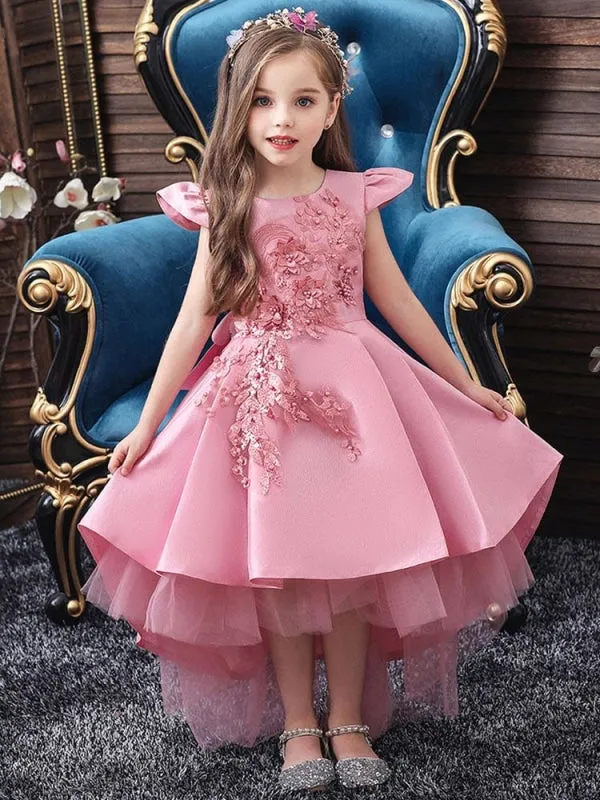 Cute Cap Puffy Sleeves Hi-Lo Flower Girl Dresses Bows Kids Party Dresses