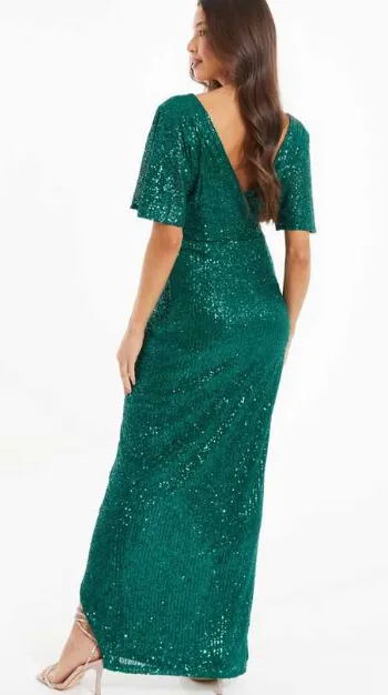 Dark Green Sequin Wrap Dress