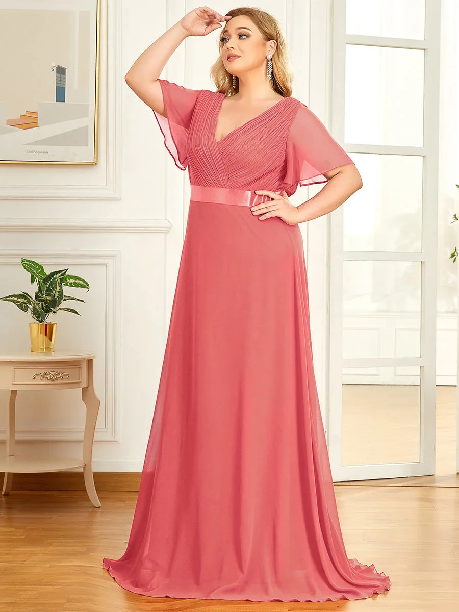 Double V-Neck Ruffles Padded Plus Size  Evening Dresses