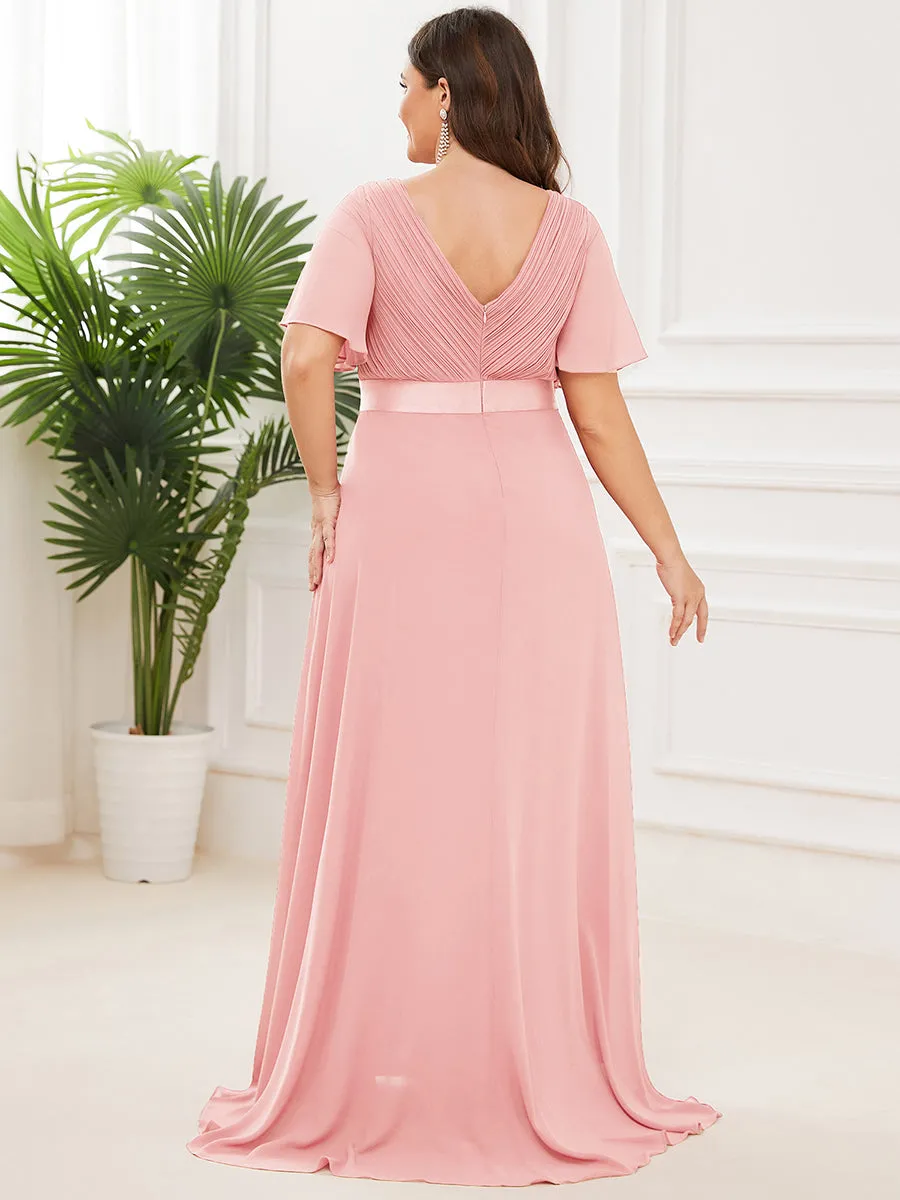 Double V-Neck Ruffles Padded Plus Size  Evening Dresses