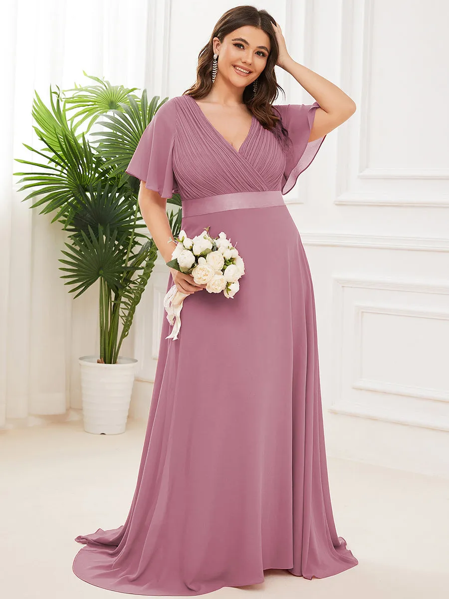 Double V-Neck Ruffles Padded Plus Size  Evening Dresses