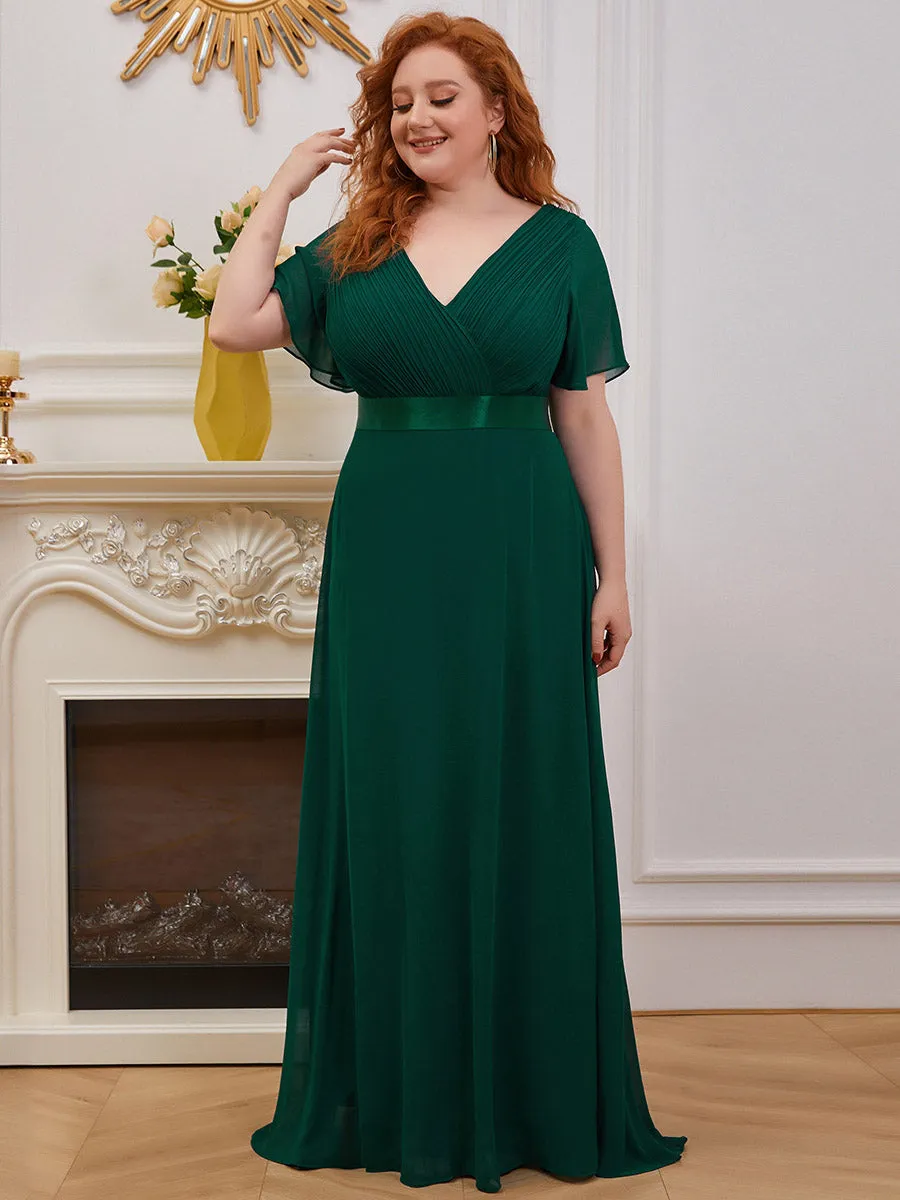 Double V-Neck Ruffles Padded Plus Size  Evening Dresses