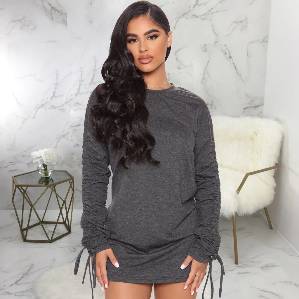 Drawstring O-Neck Pullovers Mini Dress