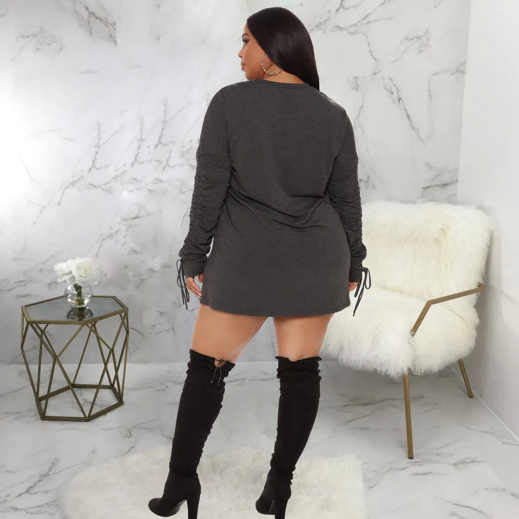 Drawstring O-Neck Pullovers Mini Dress