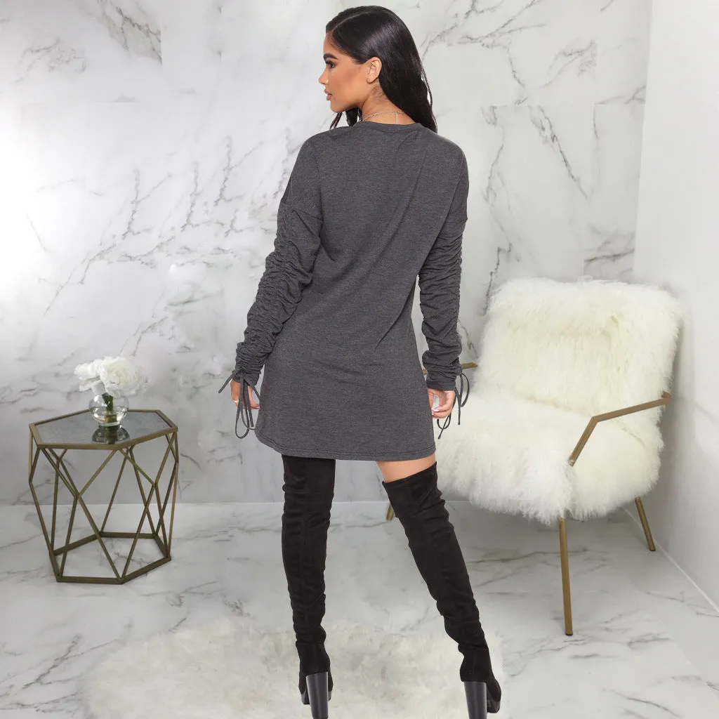 Drawstring O-Neck Pullovers Mini Dress