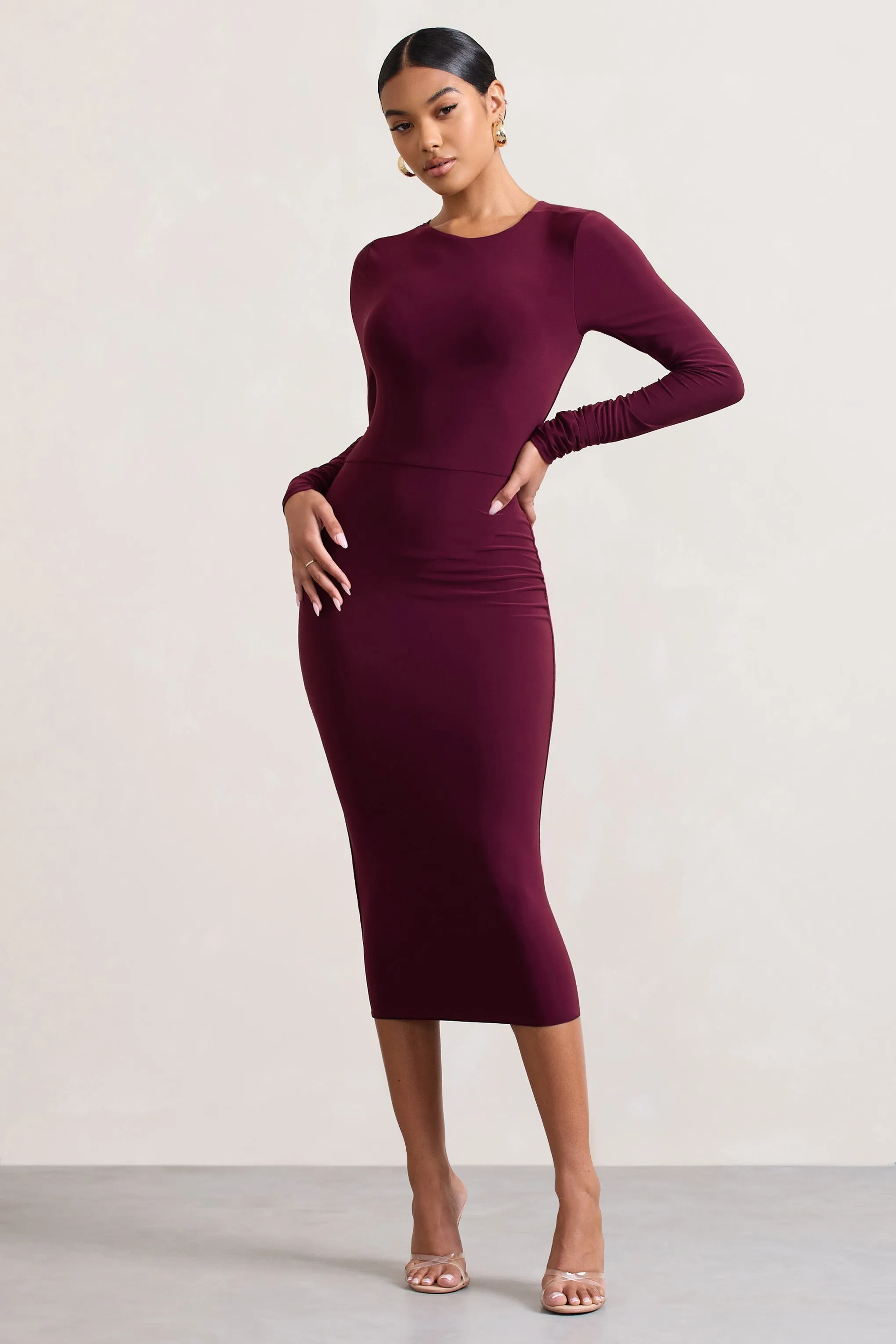 Dynasty Darling | Burgundy Cowl-Back Long-Sleeved Bodycon Midi Dress