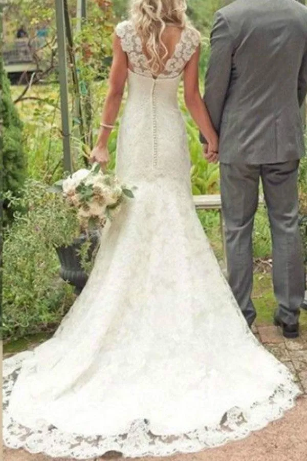 Elegant Mermaid Ivory Lace Appliques V Neck Long Beach Wedding Dresses