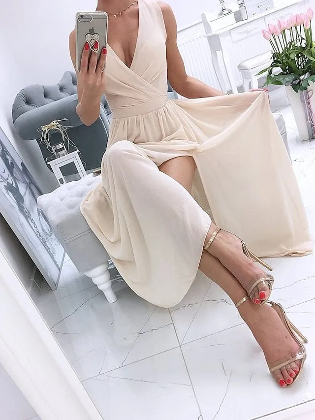 Elegant Sleeveless V-Neck Maxi Dress for Women - Ideal for Spring and Summer Events