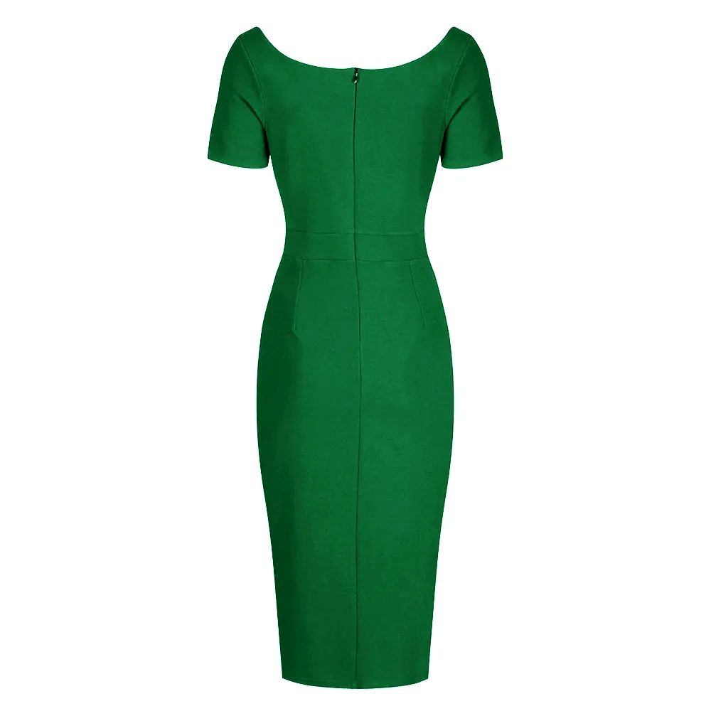 Emerald Green Sweetheart Short Sleeve Bodycon Panelled Ruched Wiggle Dress