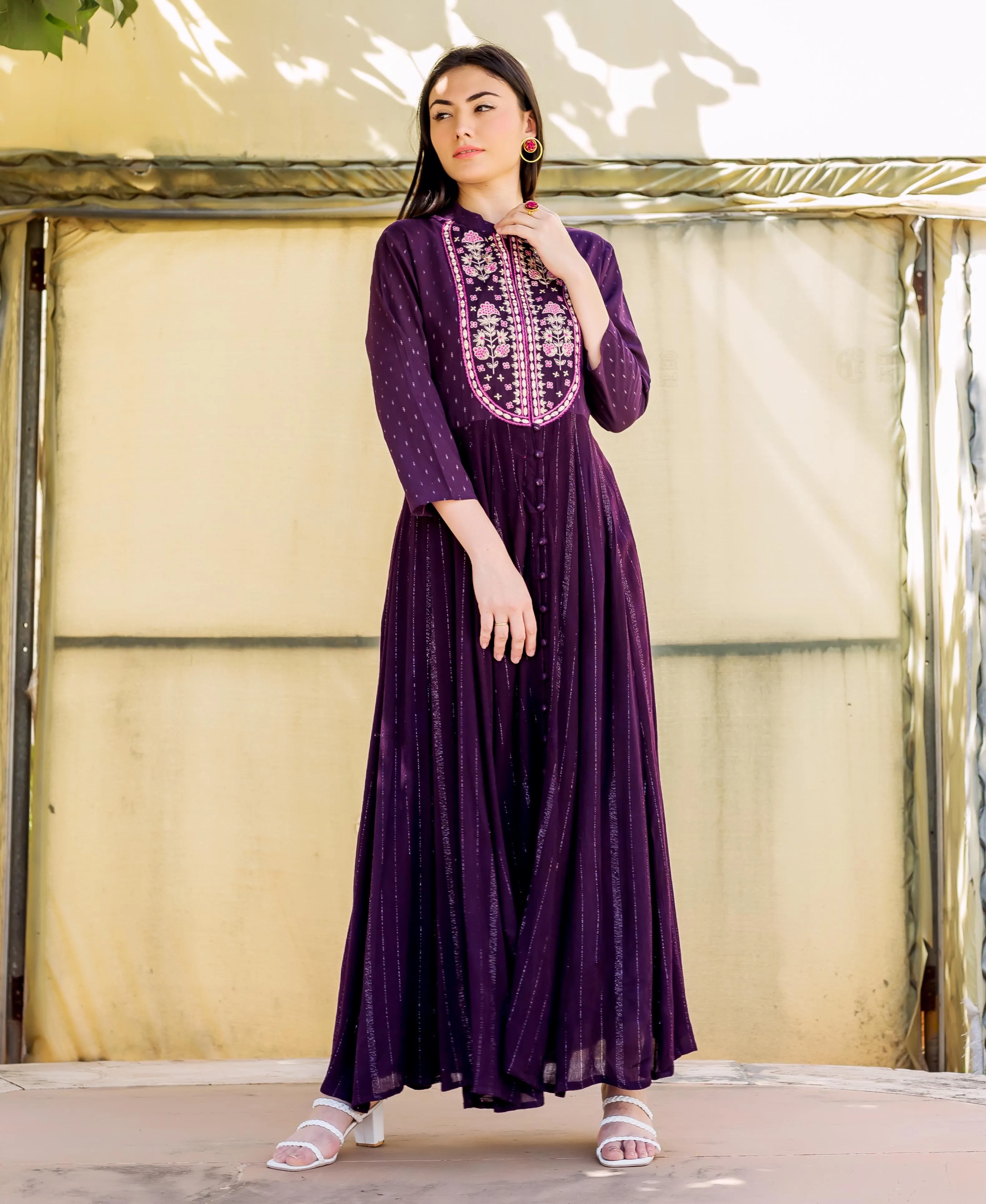 Farha Wine Lurex Embroidered Anarkali Dress