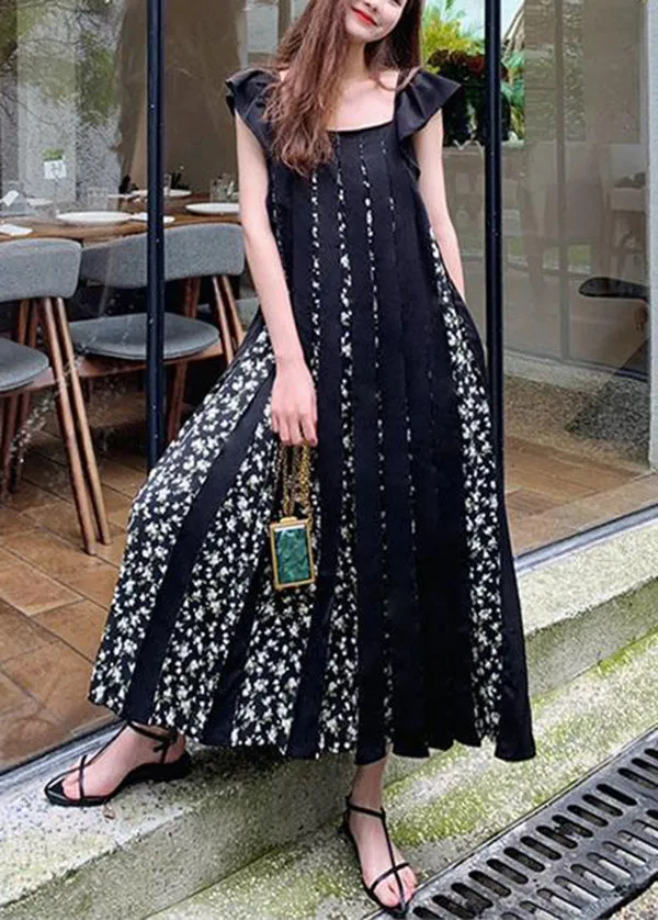 Fashion Black Print Wrinkled Patchwork Cotton Dresses Summer WW1022