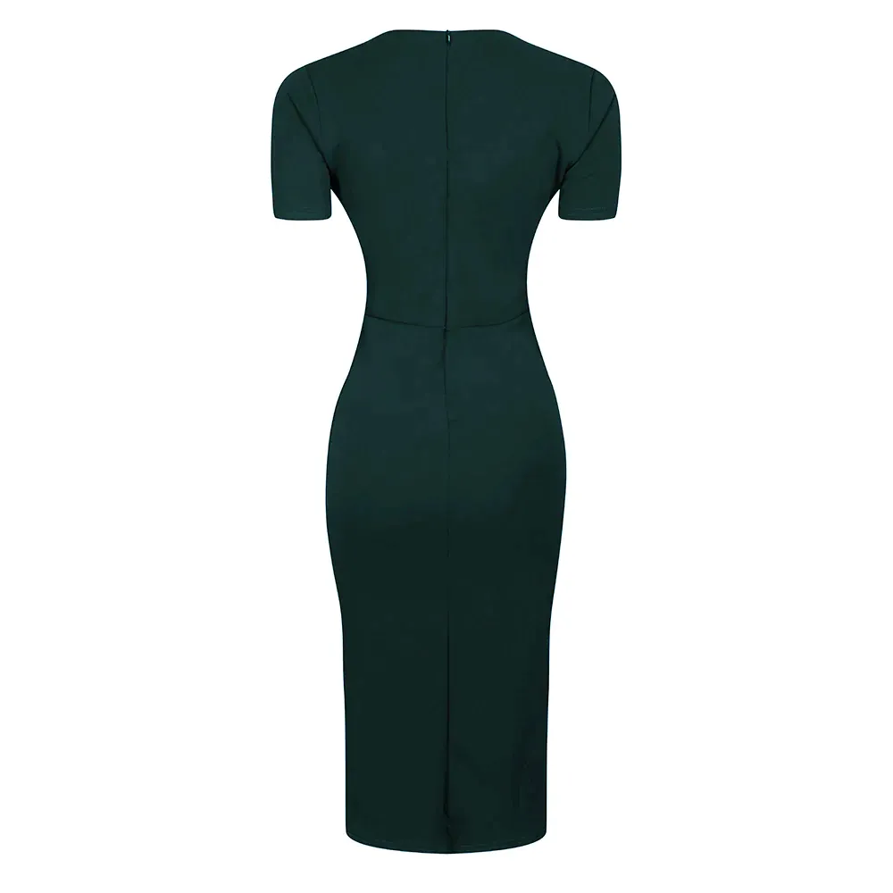 Forest Green Short Sleeve Deep V Neck Bodycon Midi Dress