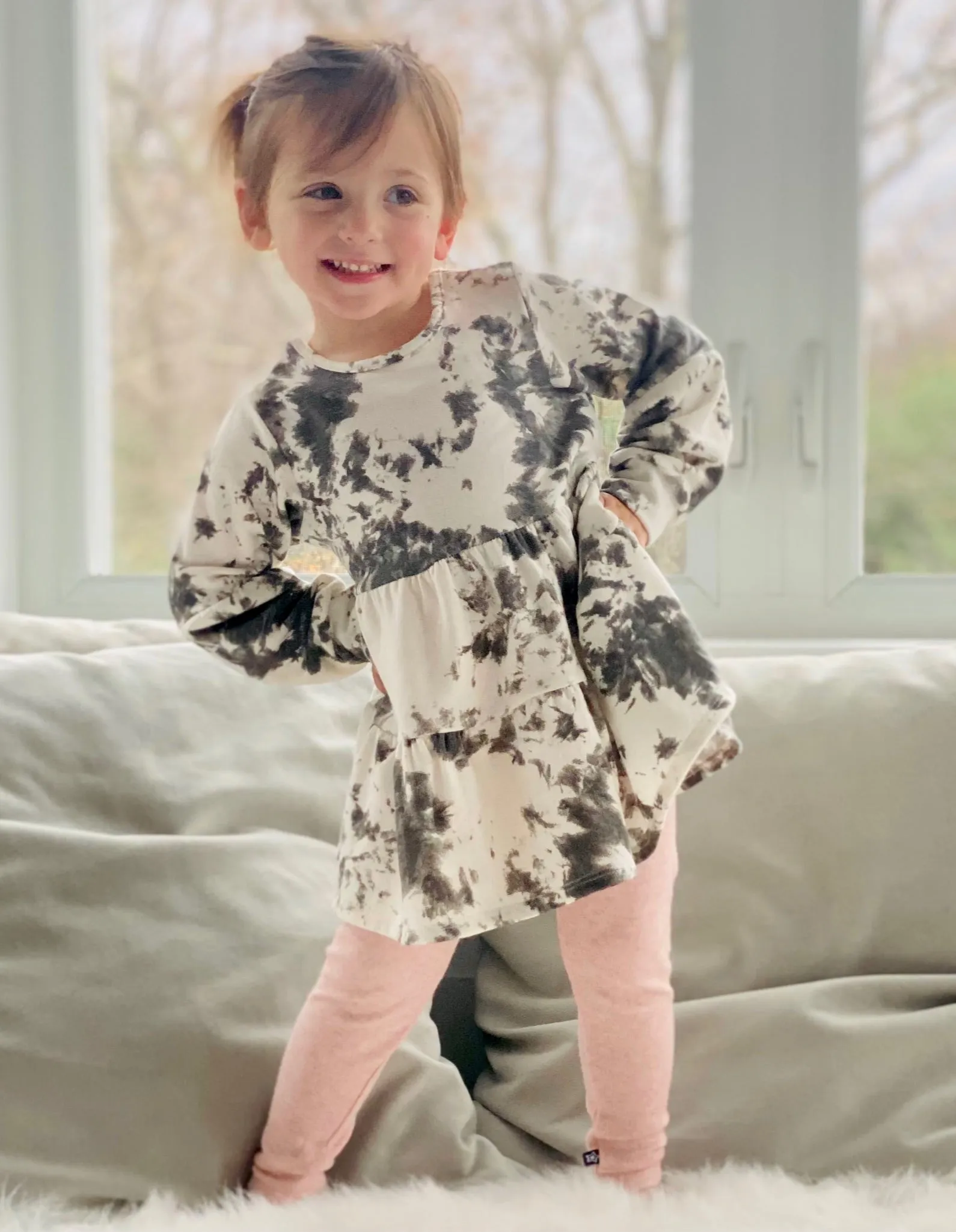 French Terry Balloon Sleeve Tiered Sweatshirt Dress & Long Legging - Blush Charcoal Tie Dye