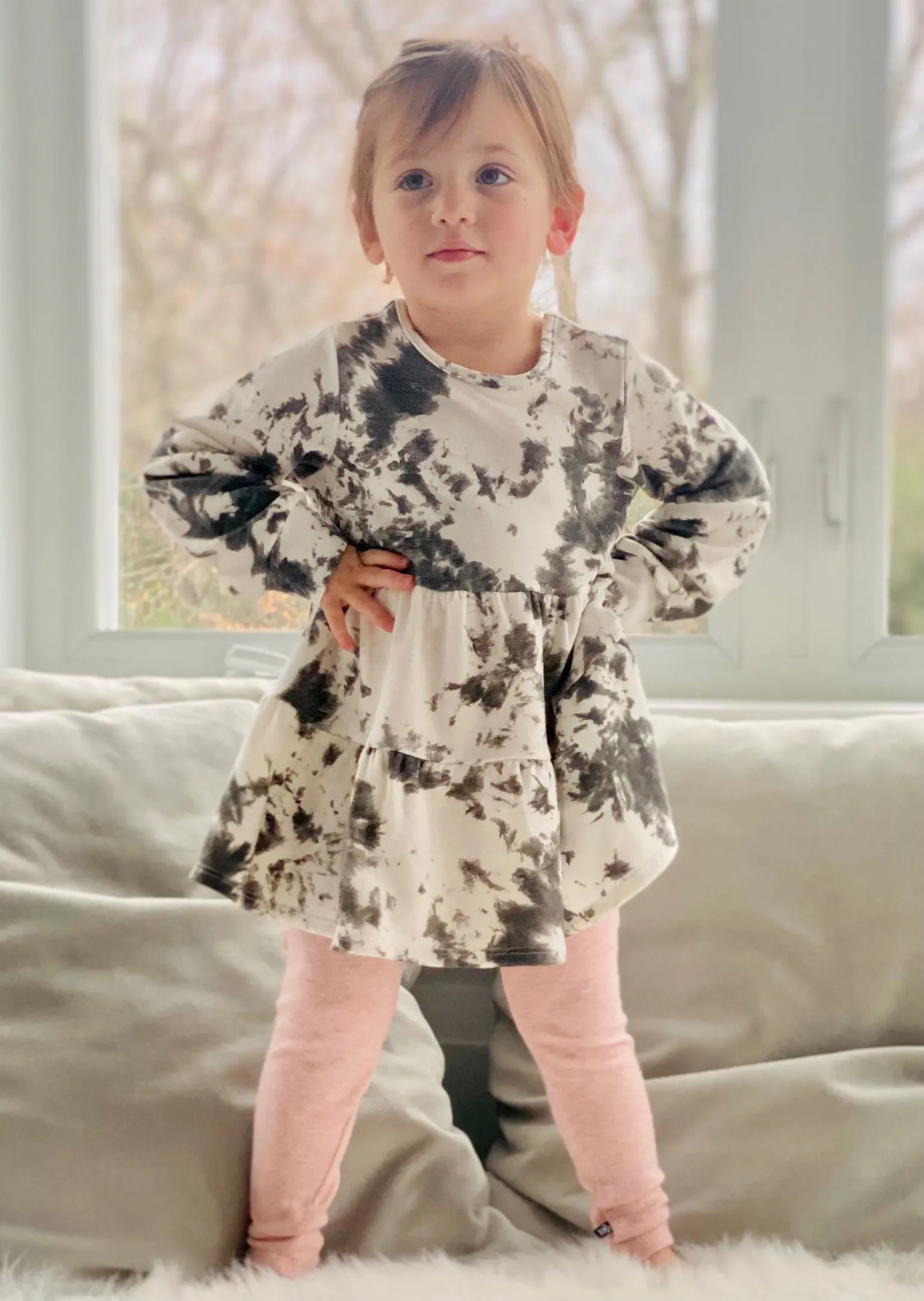 French Terry Balloon Sleeve Tiered Sweatshirt Dress & Long Legging - Blush Charcoal Tie Dye