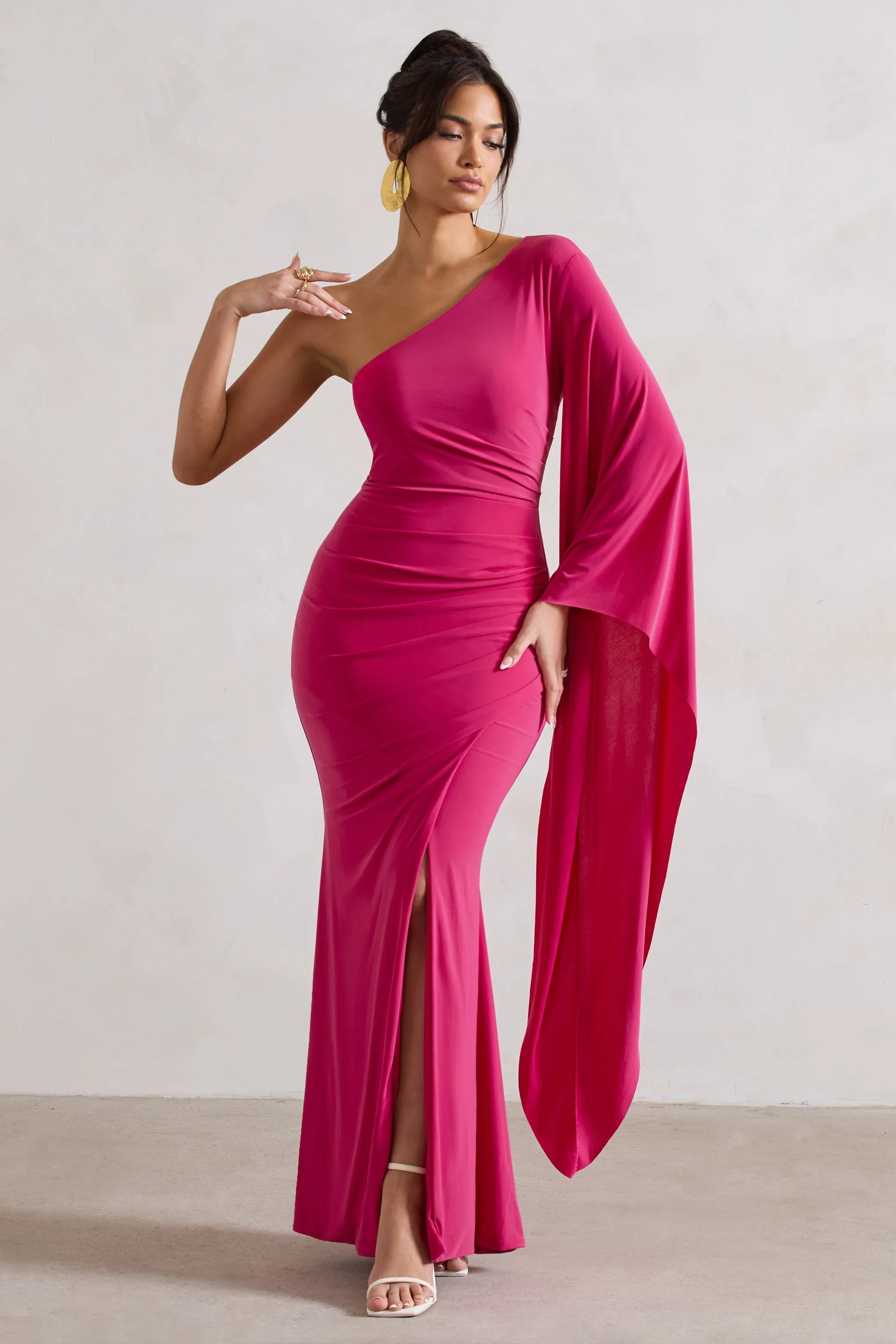 Giada | Dark Pink Ruched One Shoulder Cape Sleeve Maxi Dress