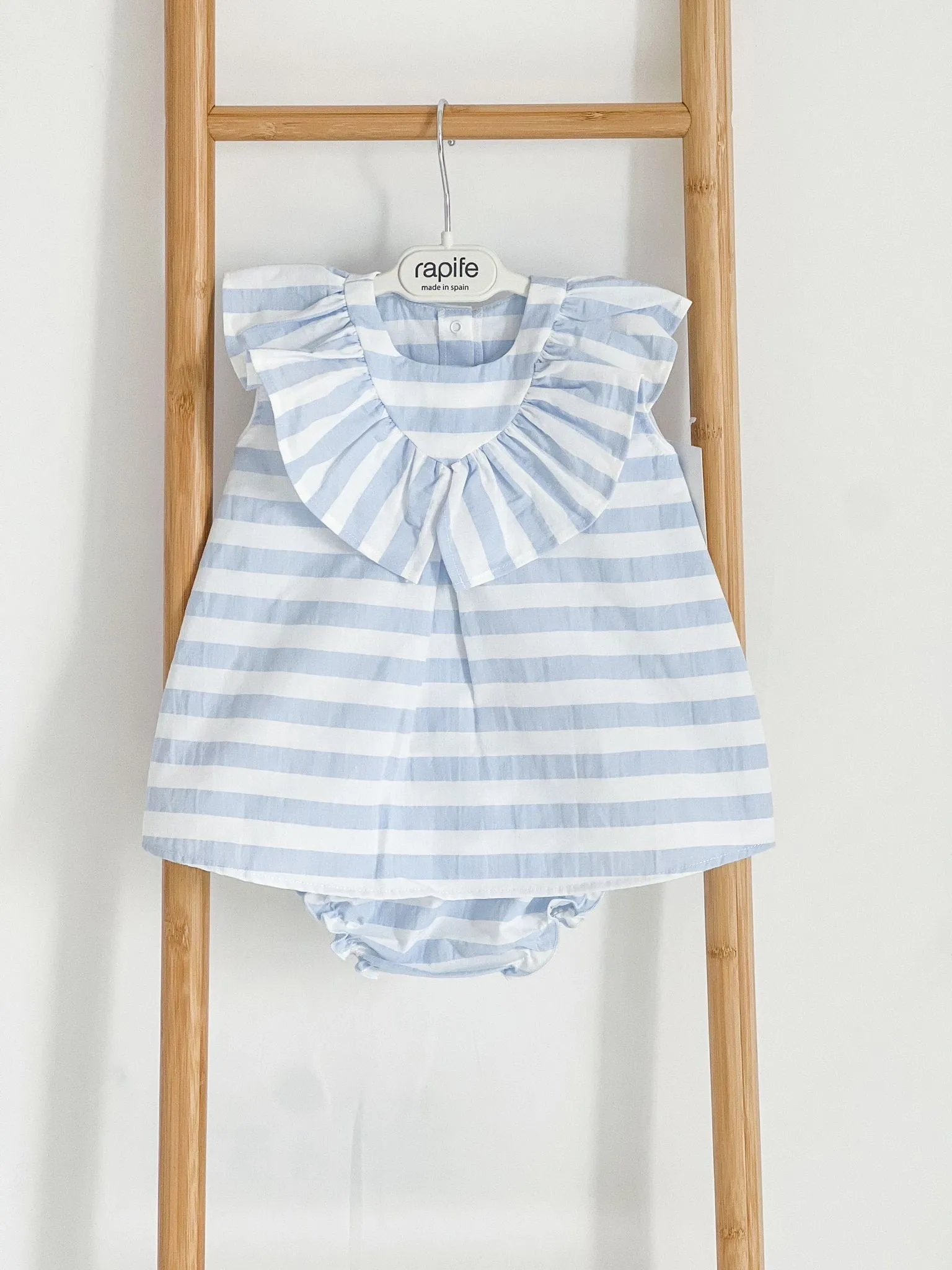 Girls Rapife Blue Stripe Dress With V Neck Collar