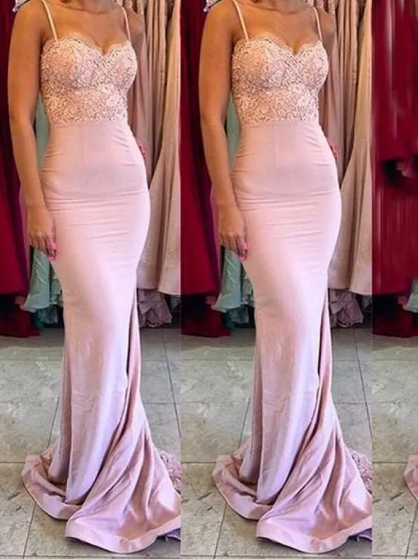 Gorgeous Spaghetti Mermaid Pink Long Bridesmaid Dress